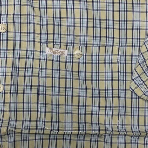 Vintage Guess Jeans Mens Plaid Blue Yellow Short Sleeve Button Shirt Size Large - Picture 3 of 10